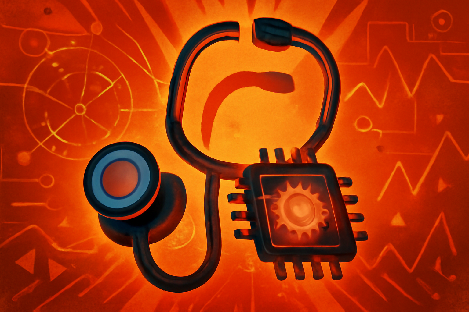 A stethoscope lies on a tablet screen showing an AI-generated medical interface with abstract data visualizations in a clean, professional clinical setting.