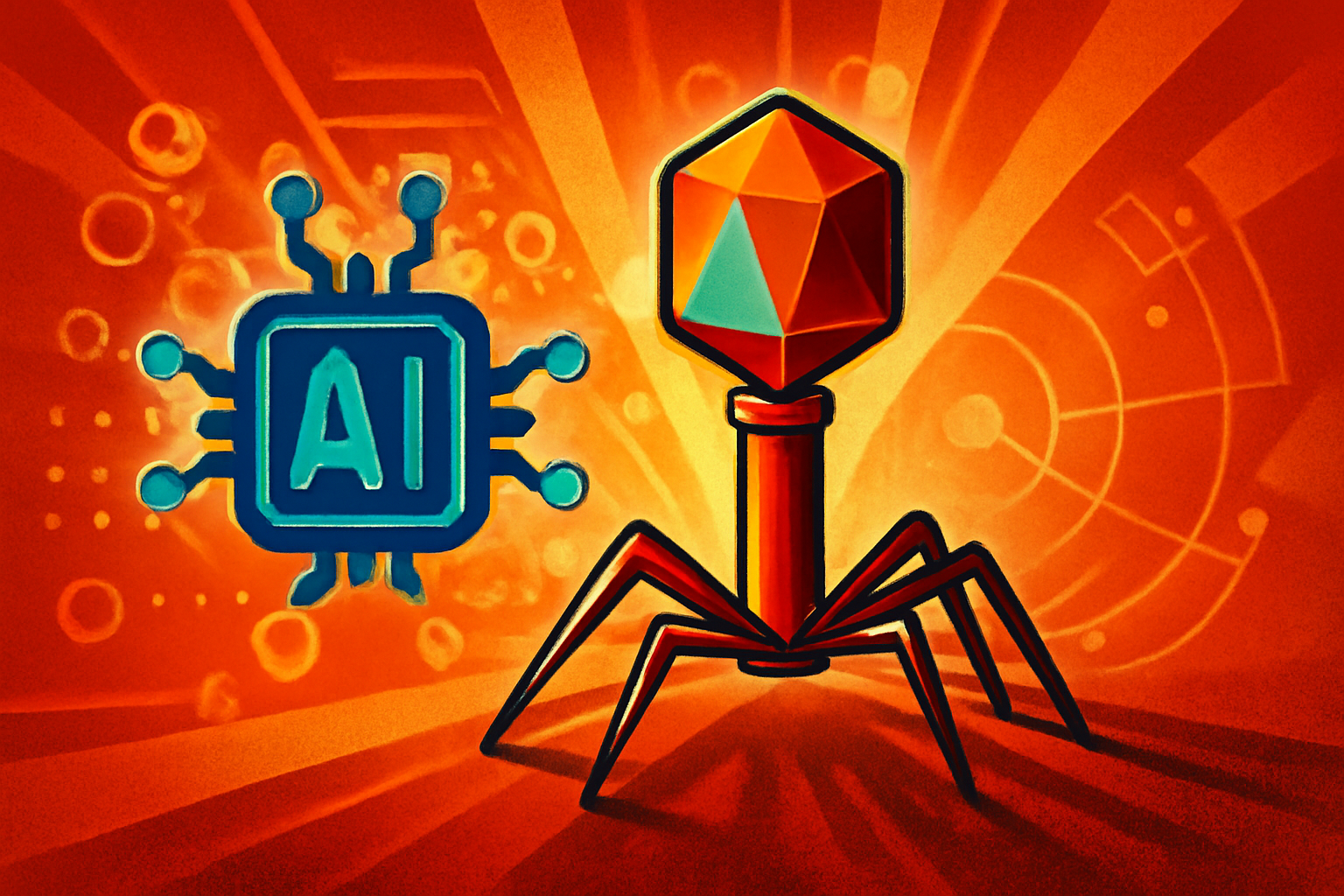 A microscopic scientific visualization of phage viruses and antibody molecules integrated with digital data streams representing AI analysis.