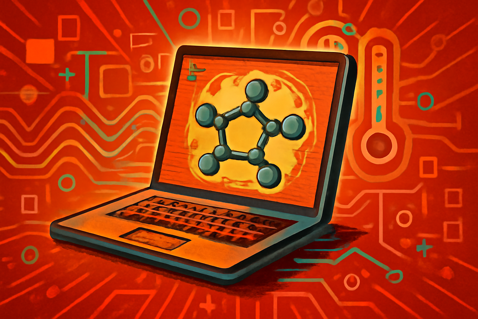 A 3D digital illustration of a stable molecular structure glowing with orange heat against a dark blue background.