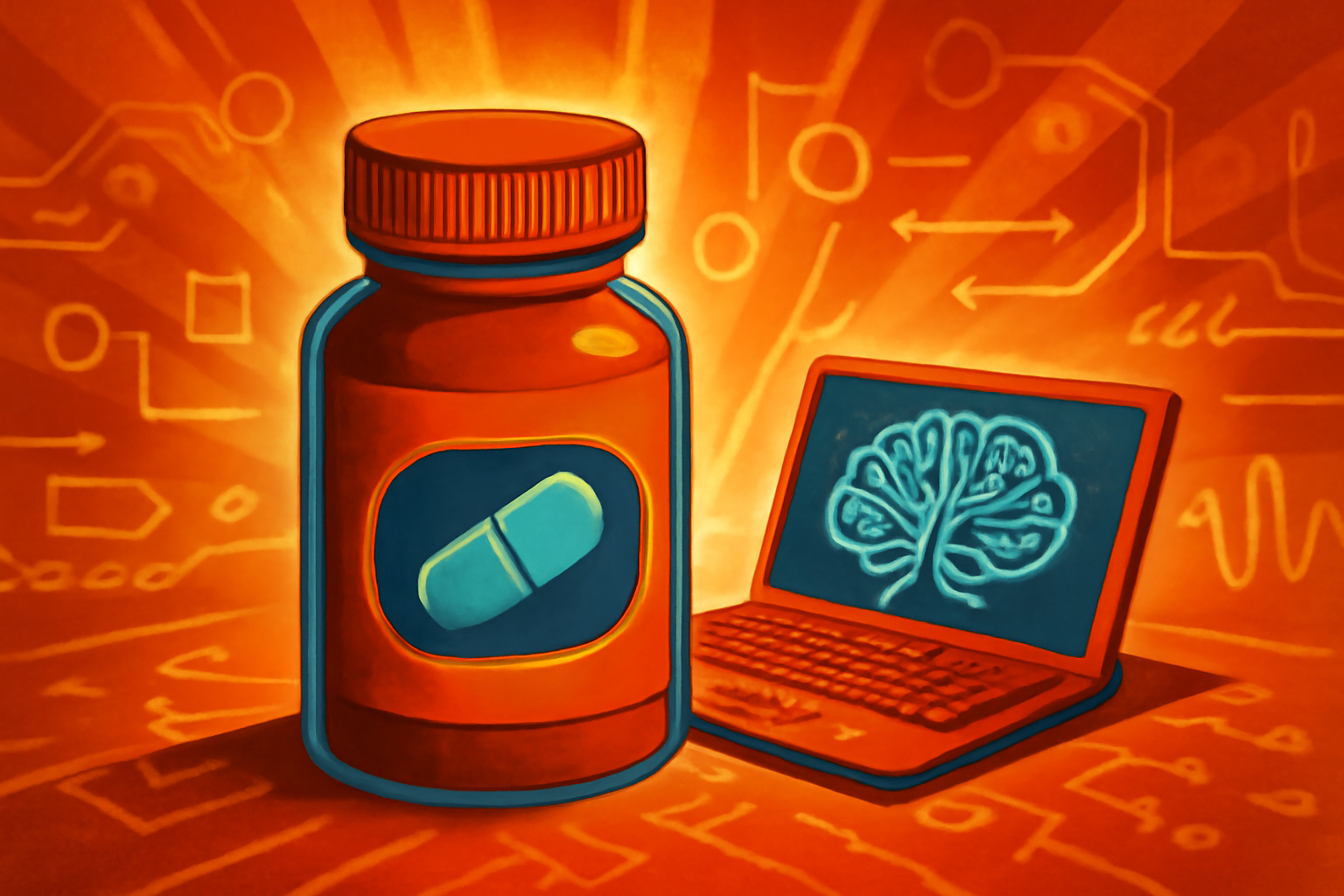 A high-tech laboratory computer screen showing 3D molecular structures and data charts, representing AI-driven drug discovery.