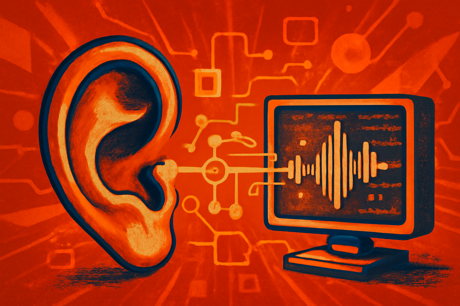 A medical professional and a patient in a consultation room with a digital display showing AI-driven sound wave analysis for hearing detection.