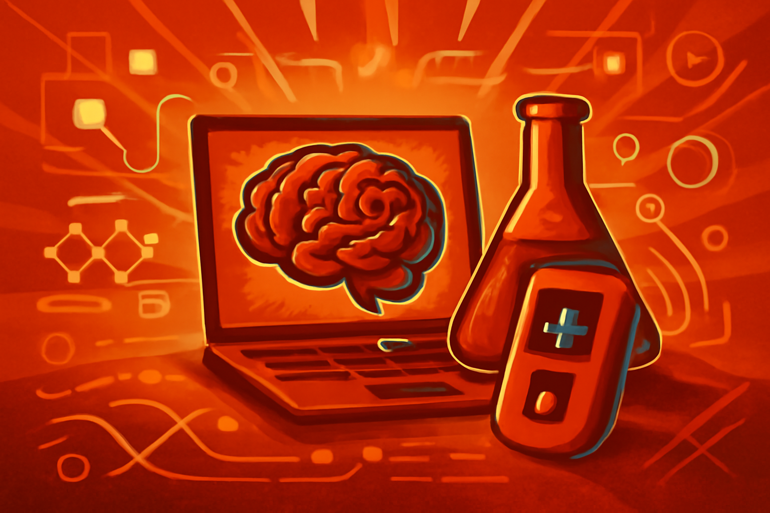 A portable diagnostic medical device and a tablet showing complex molecular data and graphs on a clean laboratory workbench.