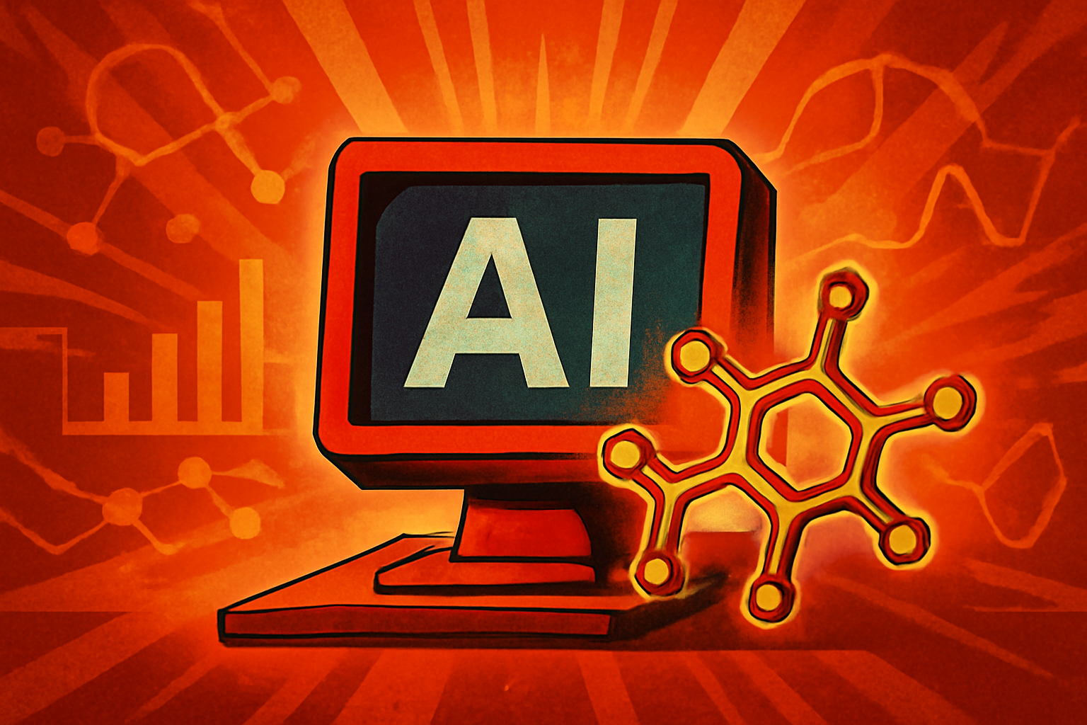 A computer screen in a scientific laboratory displaying 3D molecular structures of polymers and chemical data strings.