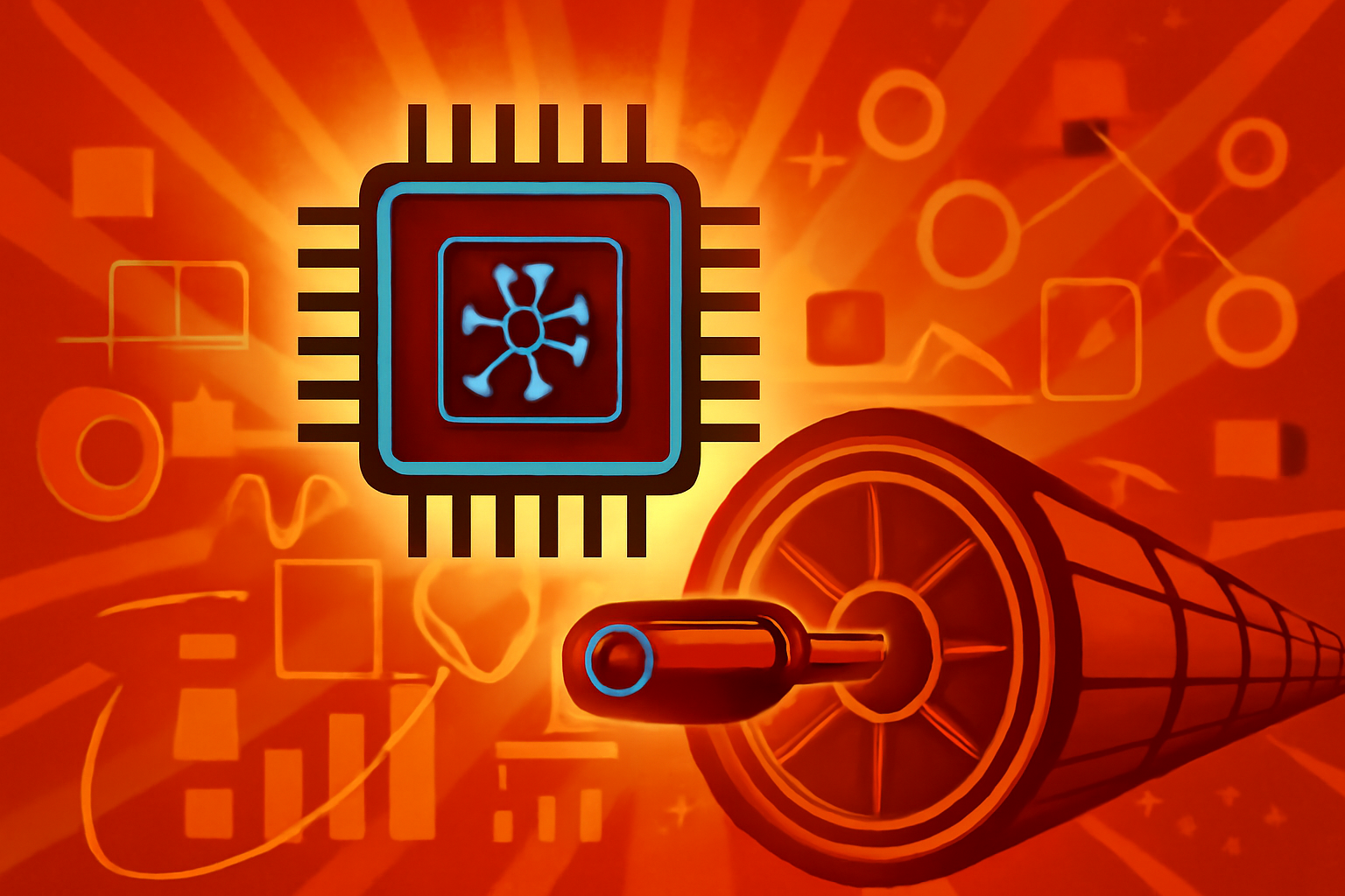 A high-tech silicon microchip with light patterns representing AI processing, set against a blurred background of the Large Hadron Collider tunnel.