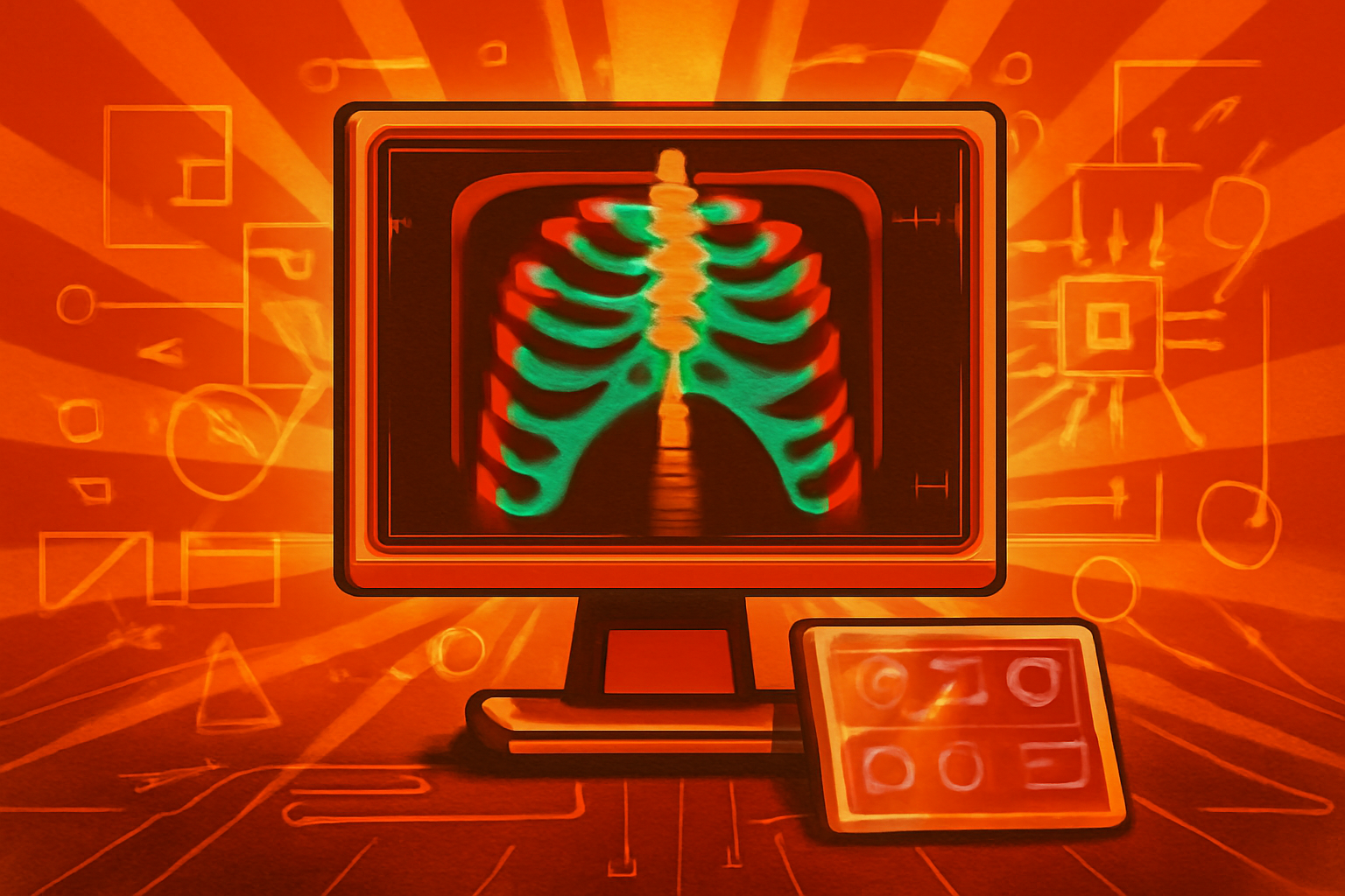 A digital chest X-ray displayed on a medical monitor with AI diagnostic overlays highlighting specific sections of the lungs for tuberculosis screening.