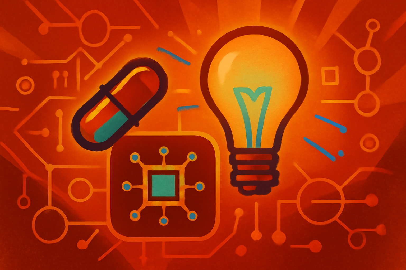 A blue luminescent chemical reaction inside a laboratory beaker under an LED light, with a computer monitor showing molecular structures in the background.