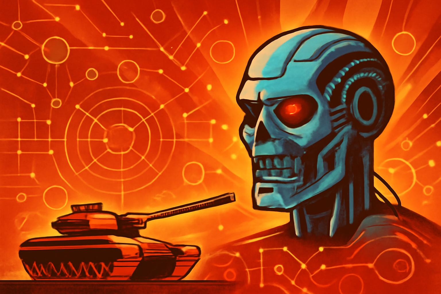 A military officer's hand is poised over a manual control switch in a futuristic command center filled with digital maps and data displays.