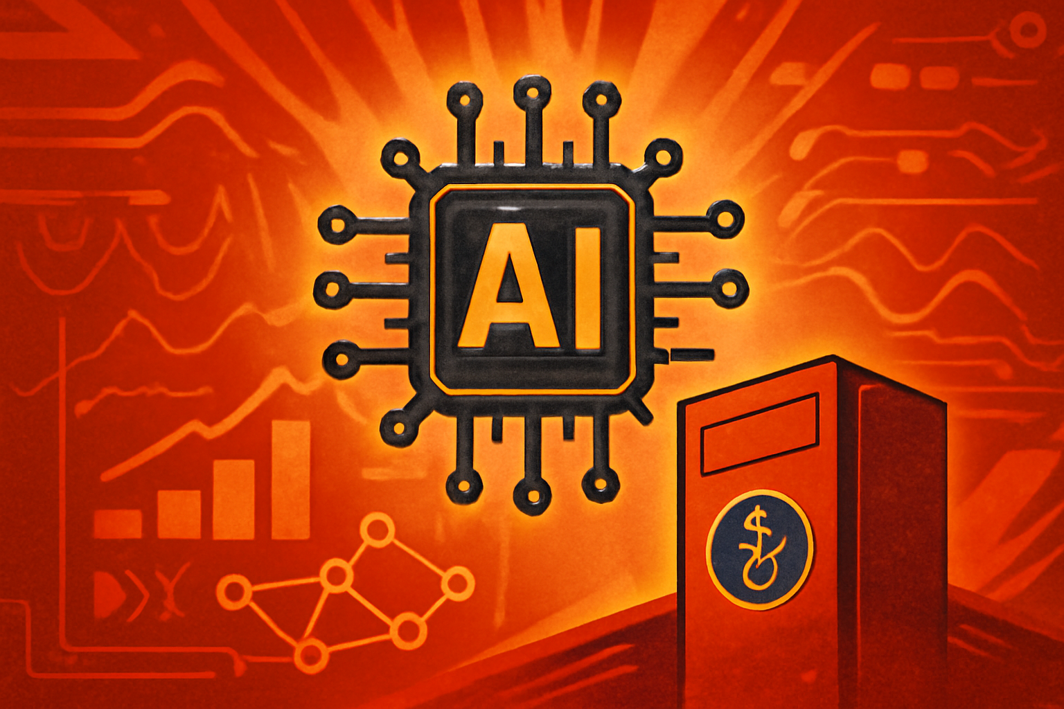 A digital visualization of molecular structures and neural networks overlaid on a modern scientific laboratory with server racks.