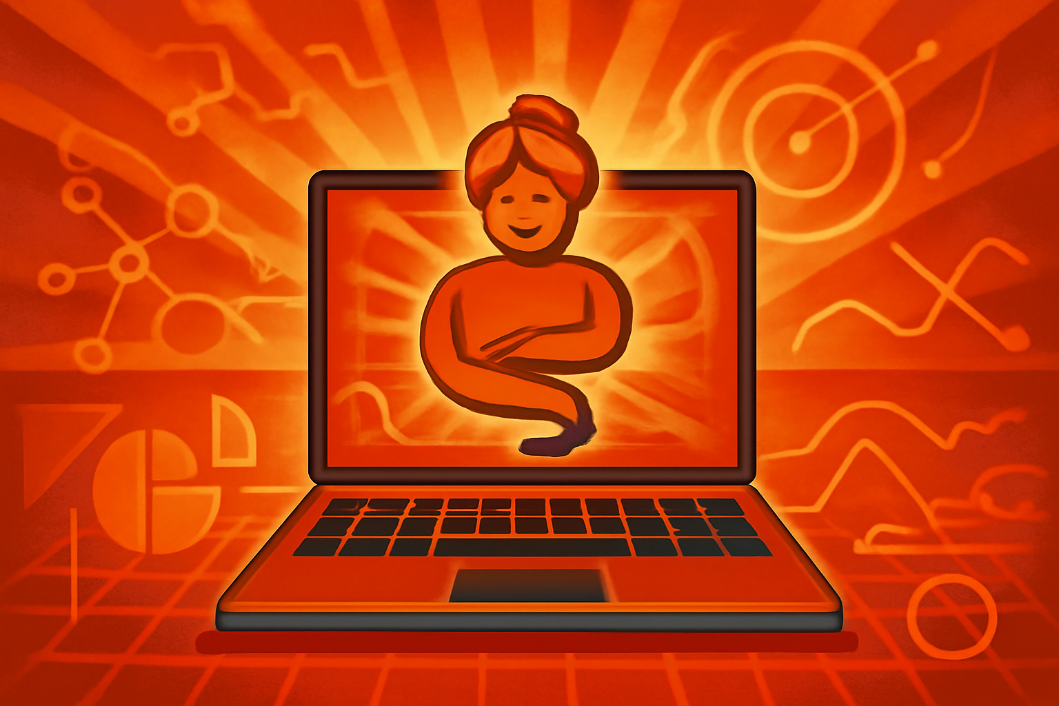 A digital news illustration of a software interface showing lines of code and data charts, centered around a glowing orb representing an artificial intelligence automation tool.