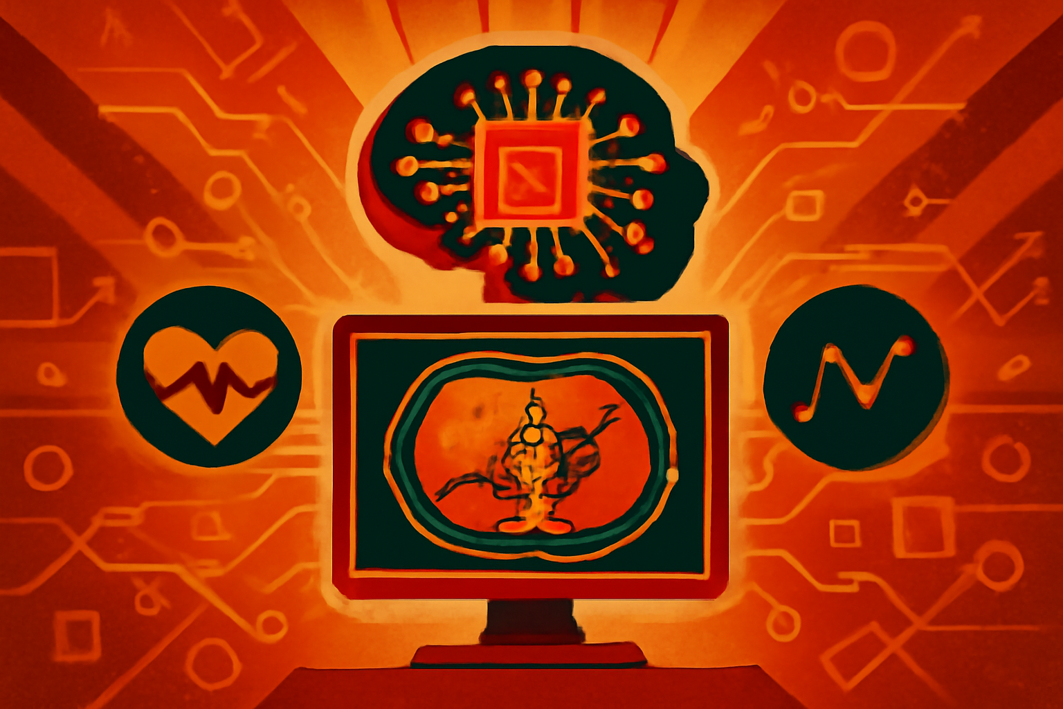 A radiologist views a 3D CT scan on a monitor with digital AI overlays highlighting internal structures and health biomarkers.