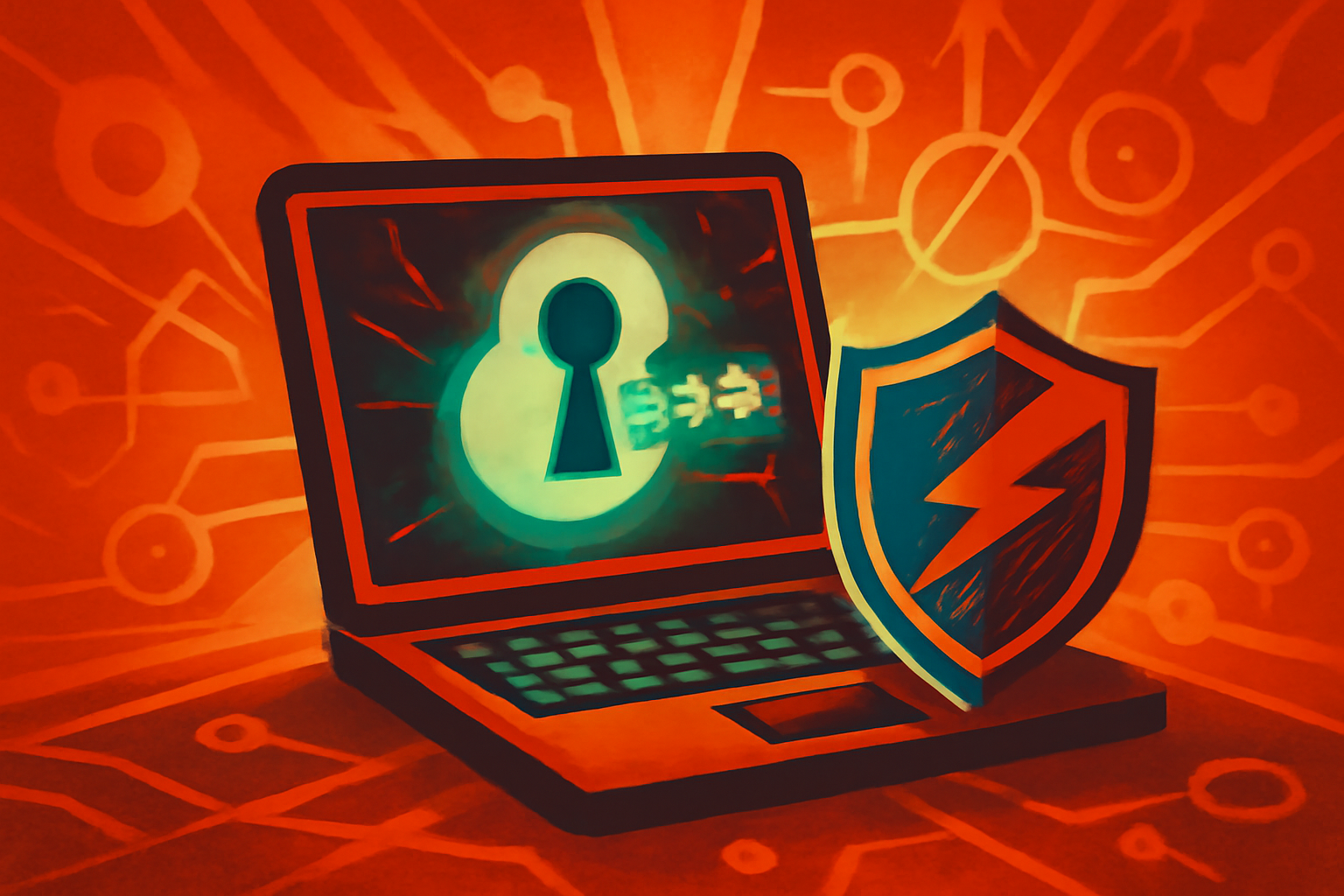 A dimly lit cybersecurity laboratory with computer screens displaying security alerts and red lines of code.