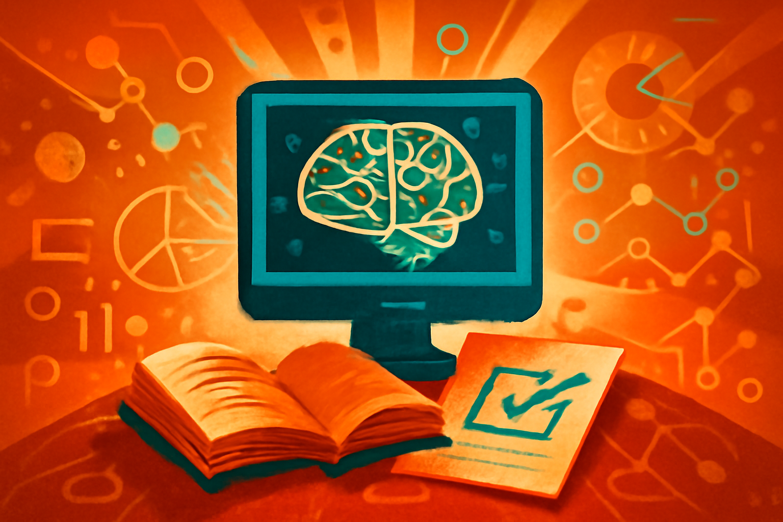 A digital tablet displaying scientific data and AI overlays sits on a wooden desk next to a red pen and paper exam scripts in a modern office.