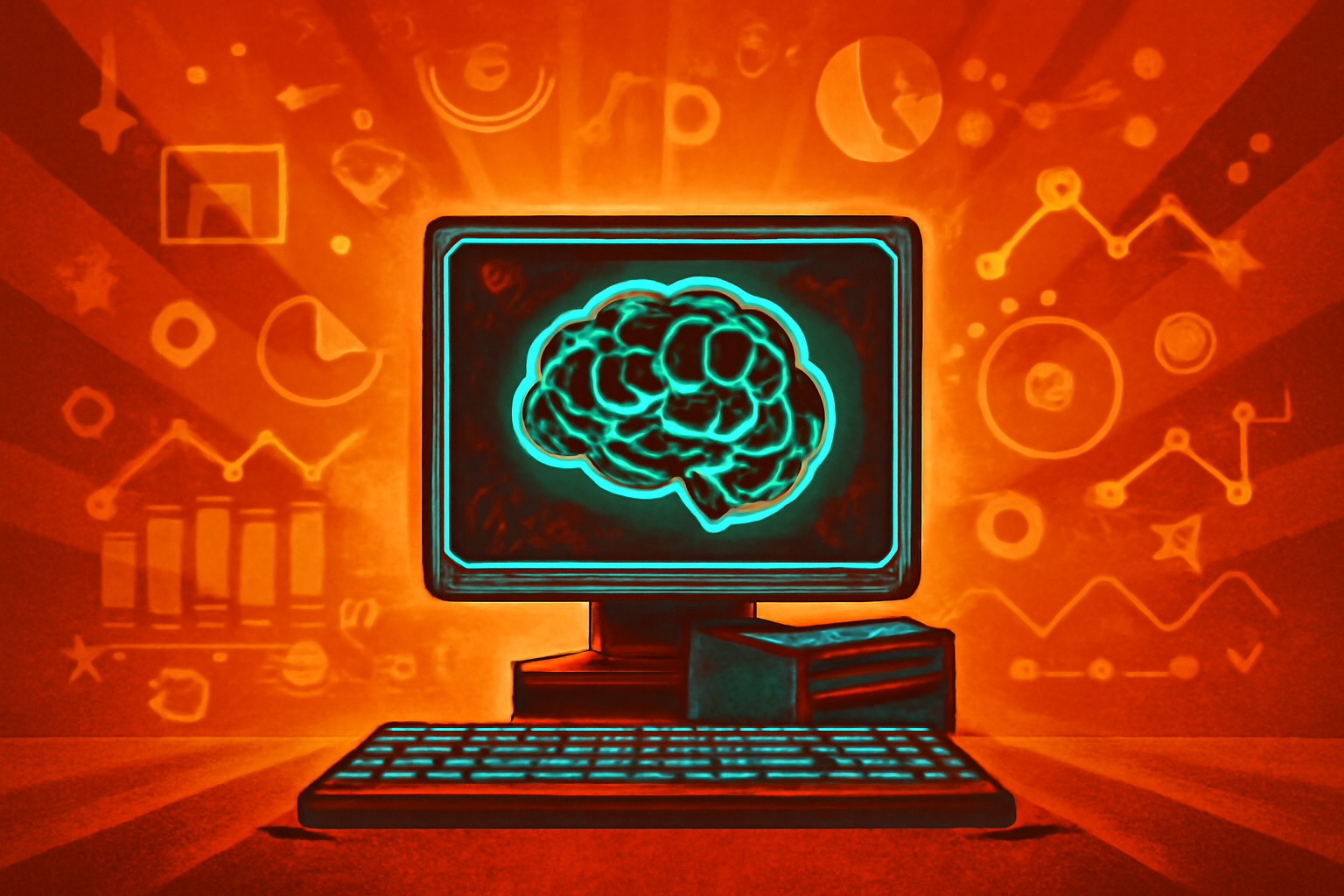 A futuristic computer server in a lab displaying rapidly changing data and molecular models on a screen.