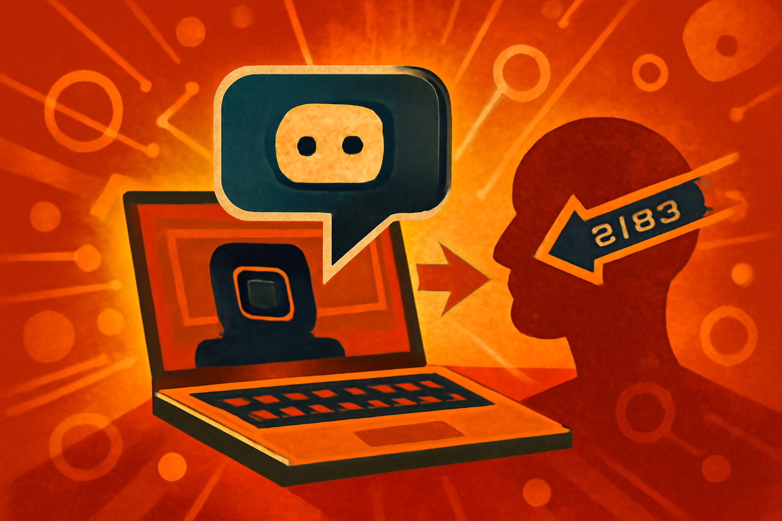 A person typing on a laptop with digital AI autocomplete suggestions hovering above the screen, illustrating how technology influences human writing and opinions.