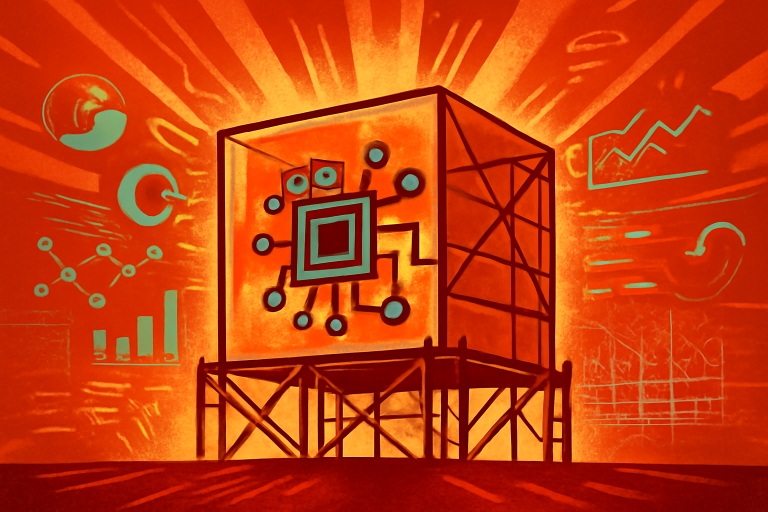 A construction site featuring empty metal scaffolding under a cloudy sky, representing stalled infrastructure projects.