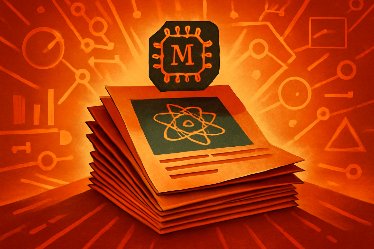 A scientific journal on a desk overlaid with digital code and faint outlines of robotic hands, representing the intersection of AI and academic publishing.