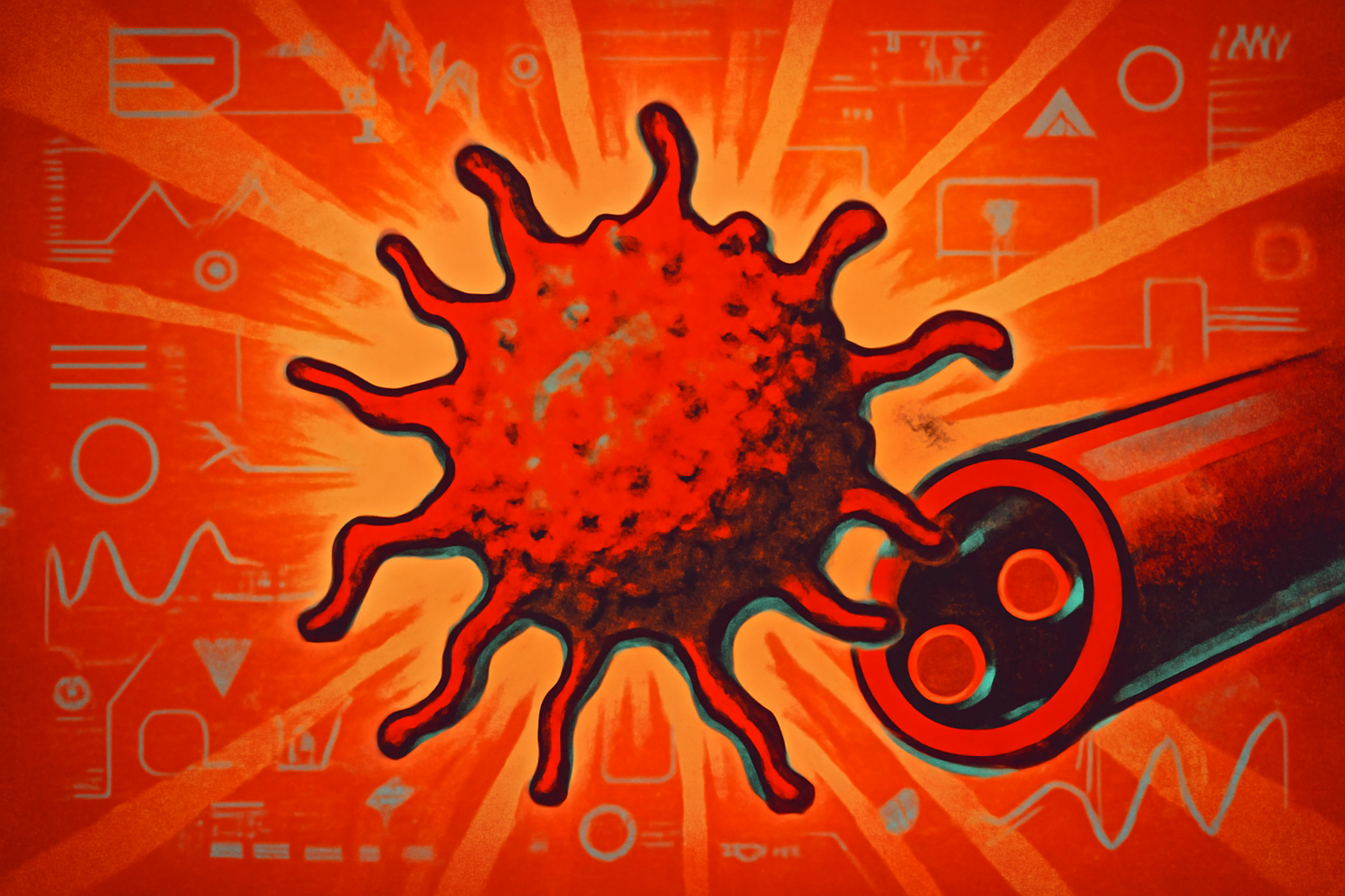 Illustration of tumor cells approaching and entering a blood vessel.