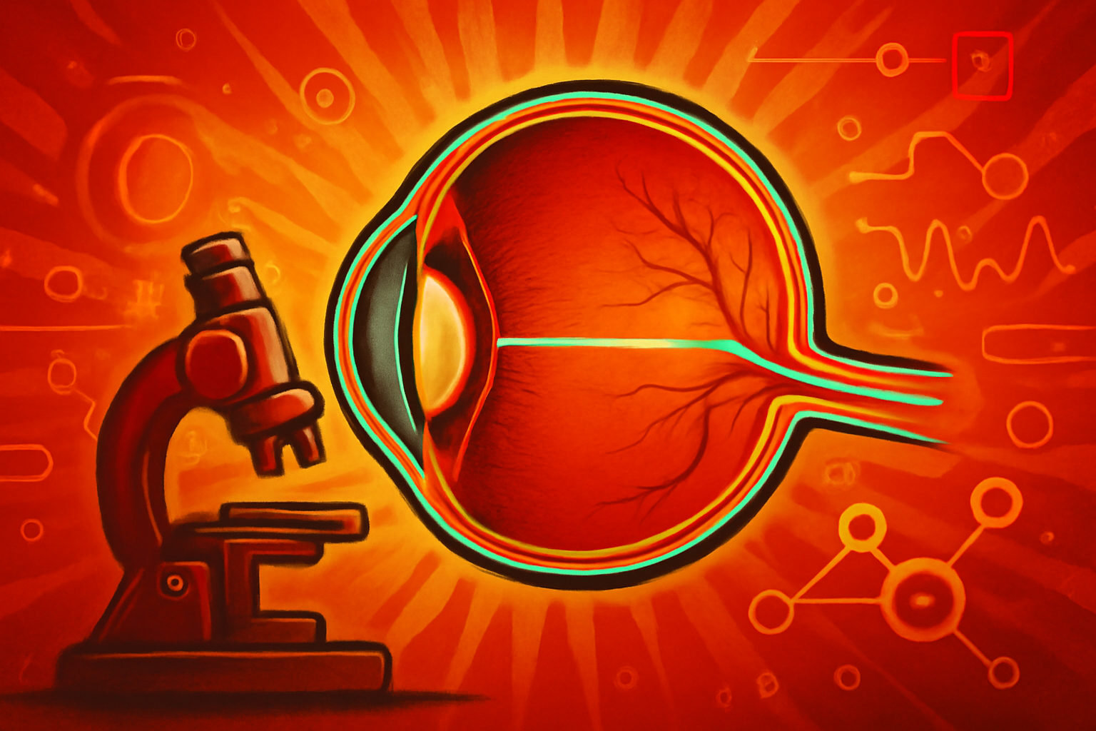 Illustration of a fluid pathway from the back of the eye through the choroid toward nearby lymph nodes.