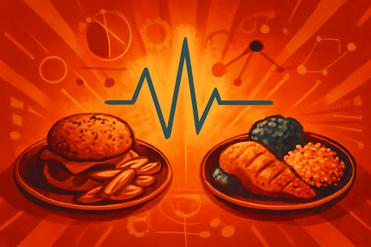 Two similarly sized meals, one made up of packaged convenience foods and the other of minimally processed foods, shown side by side.