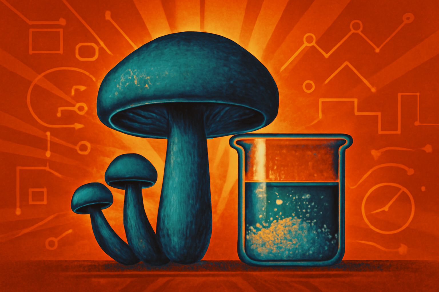 A glass of salt solution beside a beech mushroom and an abstract peptide-chain visualization.