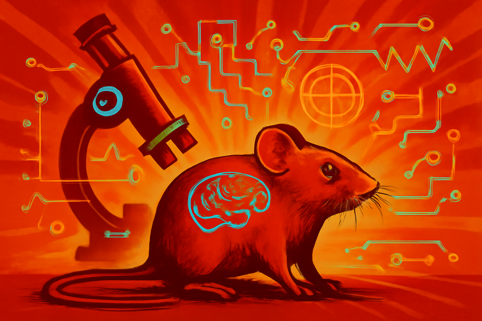 Illustration of a mouse investigating a scent, with a subtle brain cutaway highlighting the central amygdala.