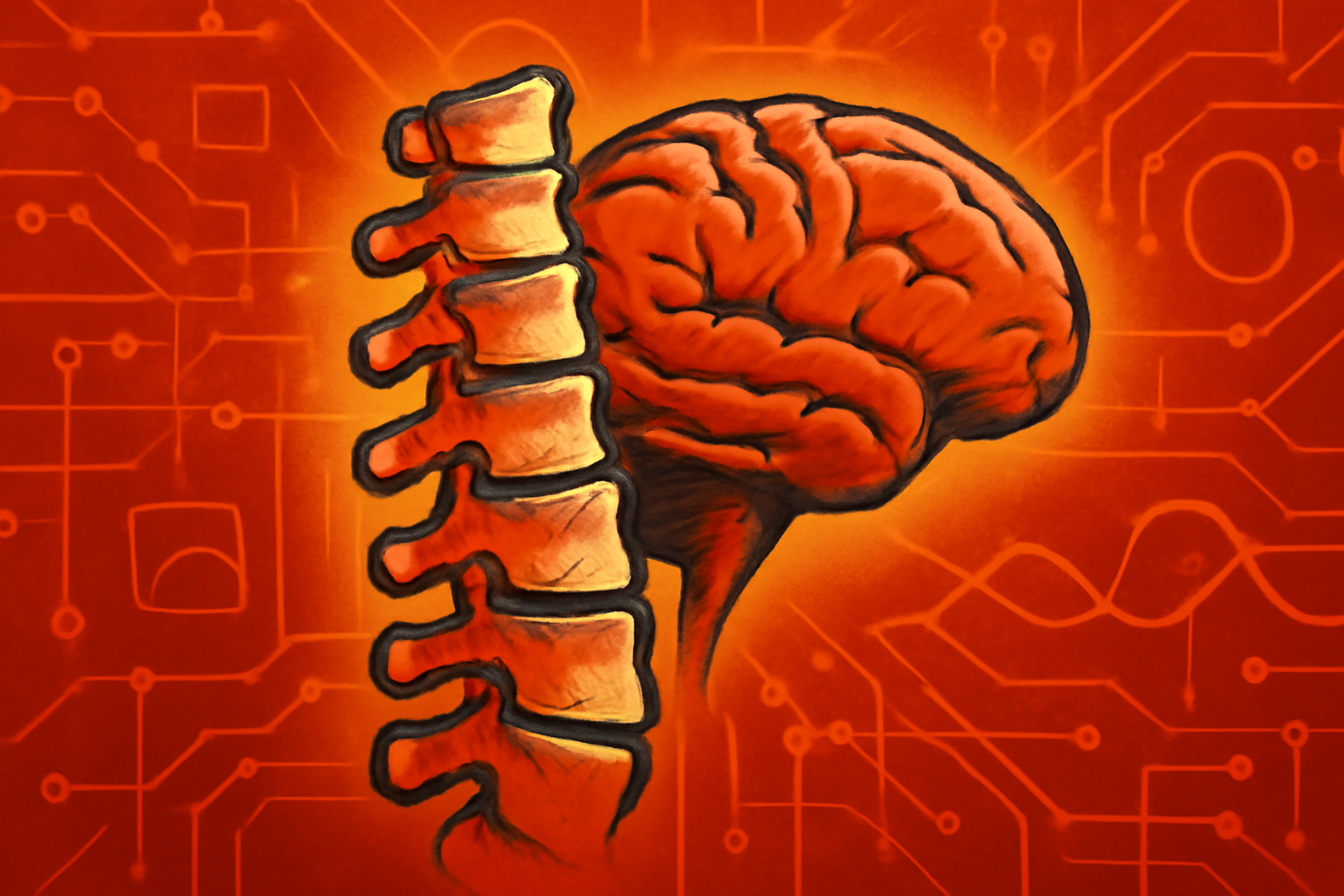 Editorial illustration of chest CT and brain MRI images displayed side by side, highlighting the spine and brain white matter.