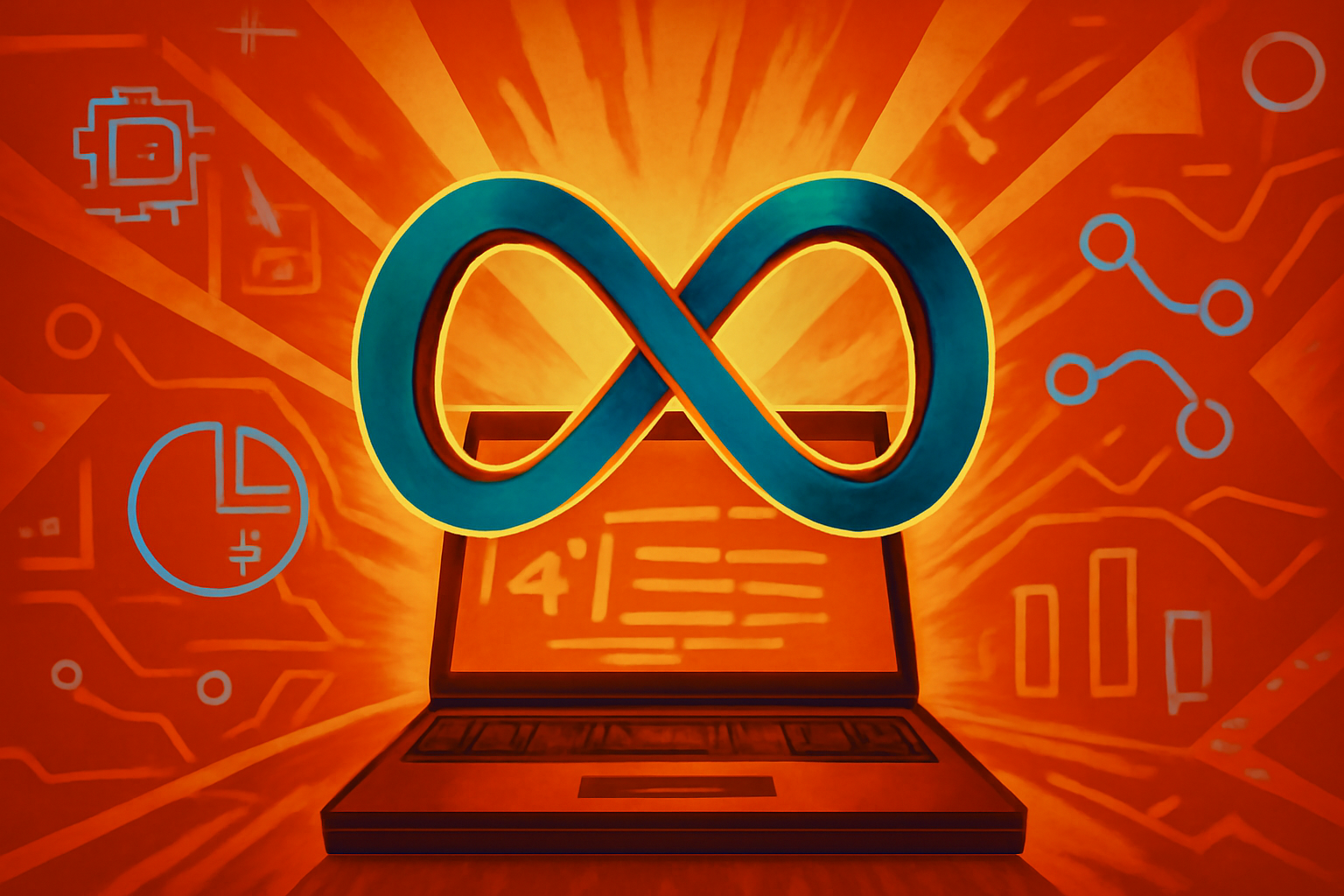 Editorial illustration of a developer using a laptop with abstract code and a task-planning interface.