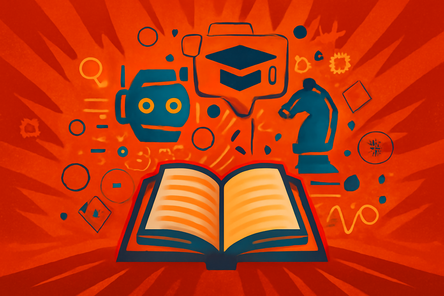 Conceptual illustration of a researcher testing an AI tutor with a simulated learner responding to a question on a computer screen.