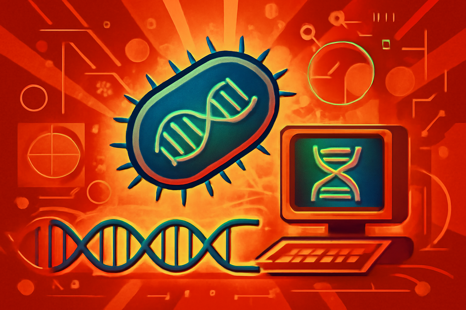 Conceptual illustration of RNA guiding the formation of repeated DNA inside a bacterium.