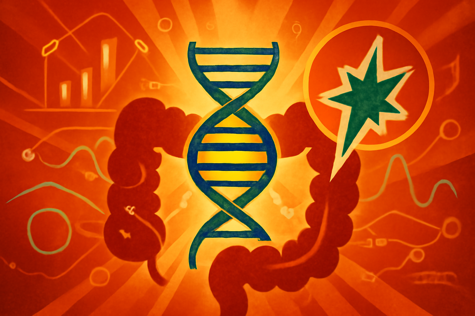 Editorial illustration of a colon cross-section with nearby immune cells, representing research into intestinal inflammation.