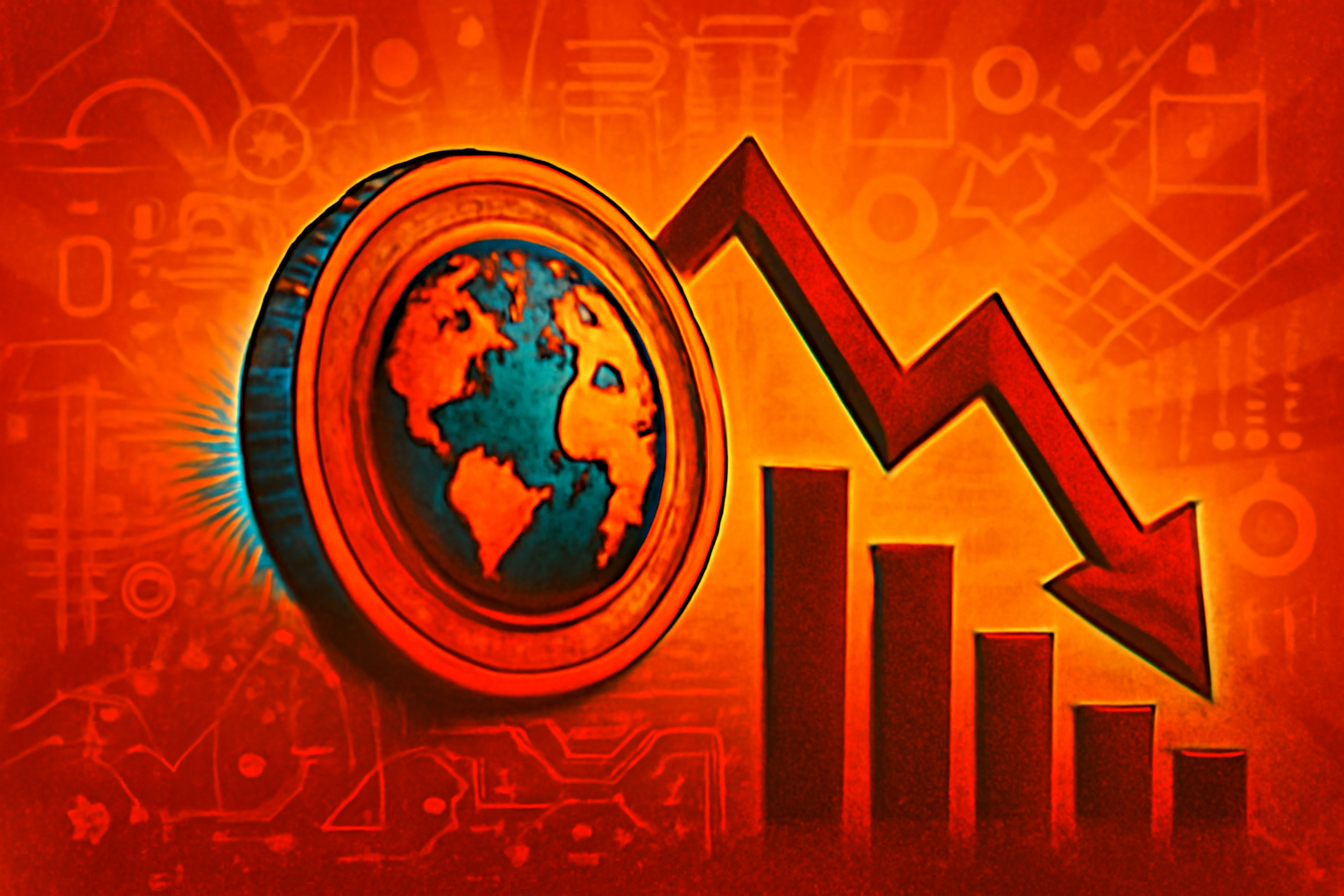 Abstract financial buildings and market-chart lines connected by a subtle circuit pattern.