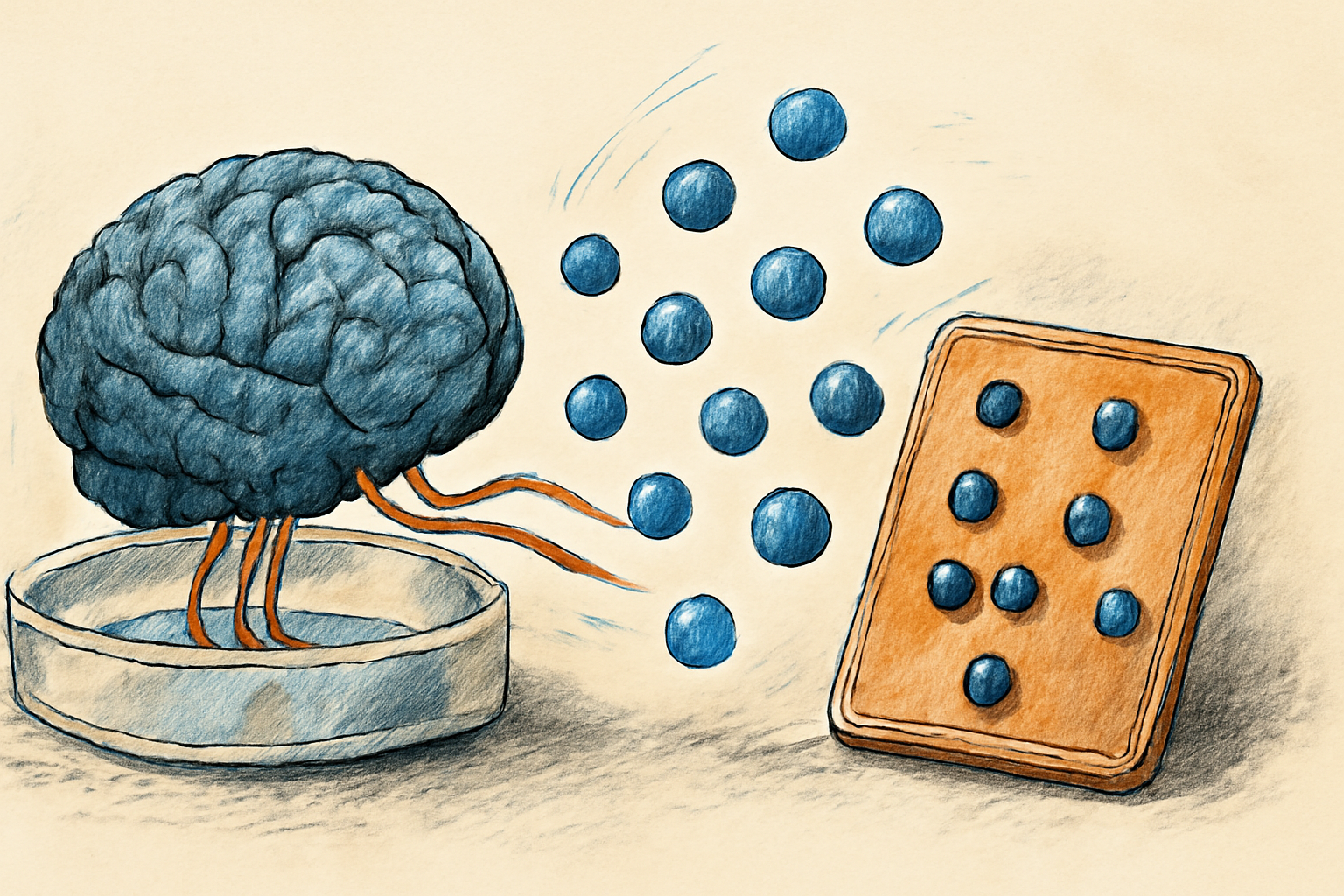 Illustration of a small brain organoid on a microelectrode array connected to a tactile sensor displaying Braille dots.