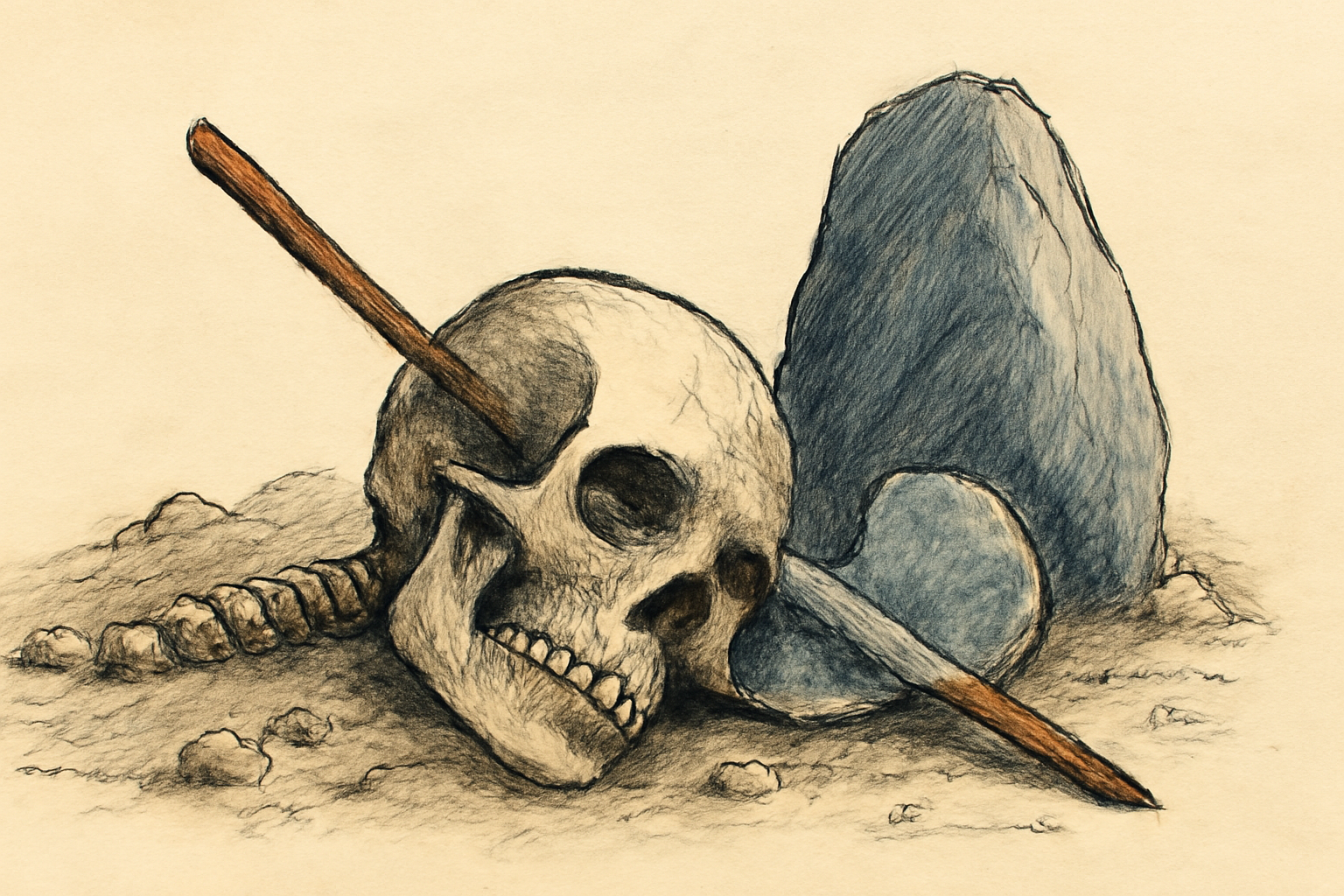 Illustration of an ancient shoulder blade with a small round hole, partly embedded in cave sediment.