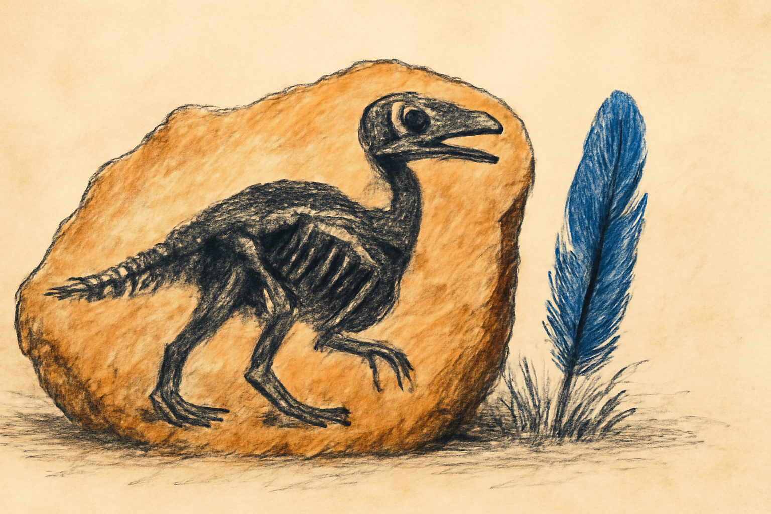 Illustration of a small fossilized bird skeleton embedded in a rock slab.