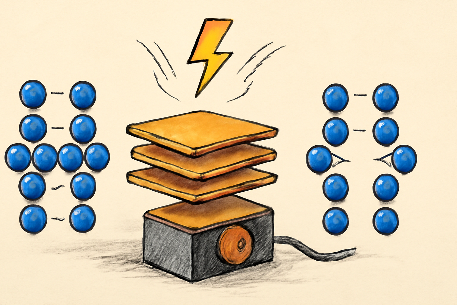 Illustration of four graphene layers slightly shifted relative to one another under an electric gate field.