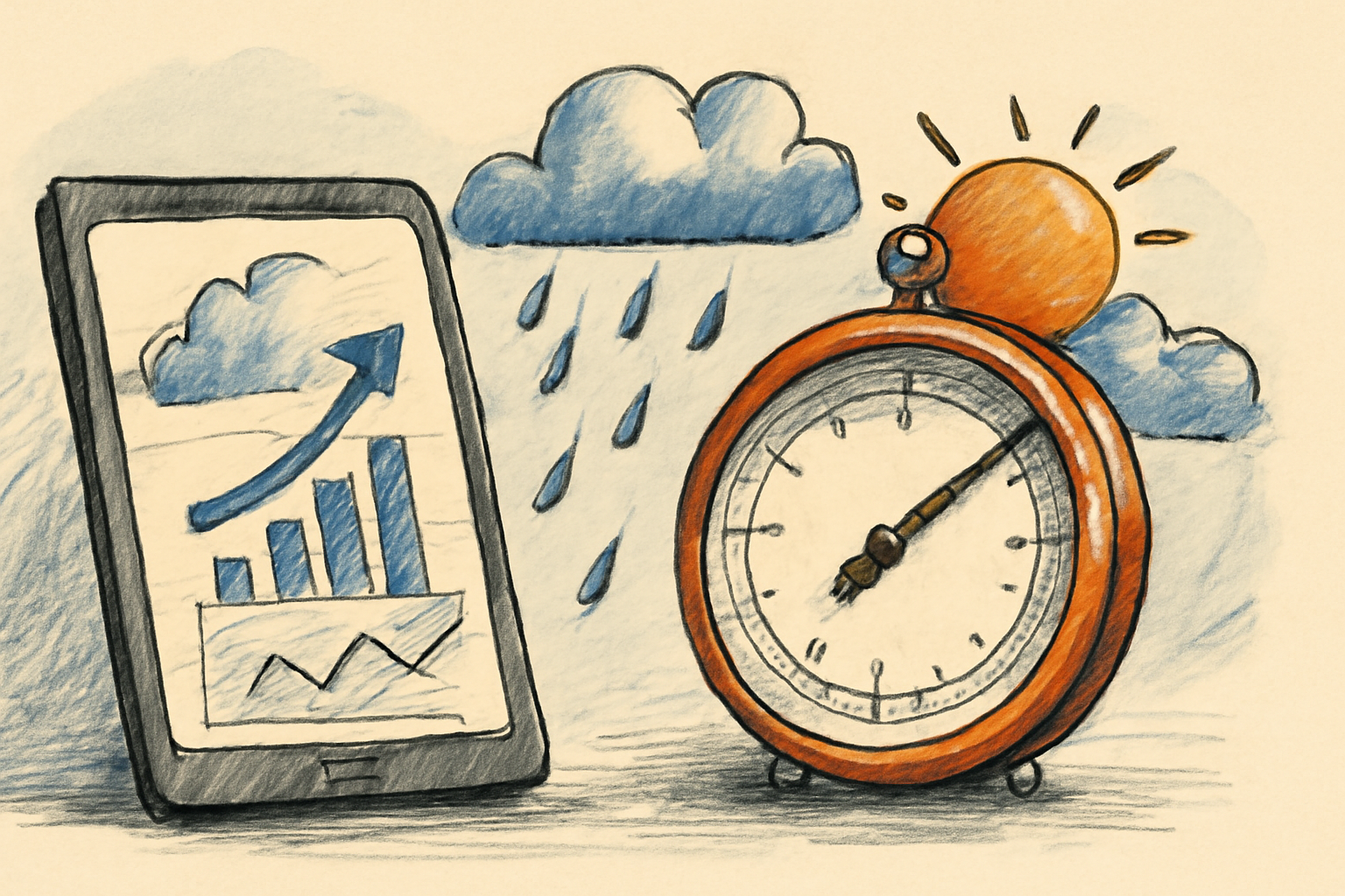 Editorial illustration of a meteorologist examining probabilistic weather maps on a screen.