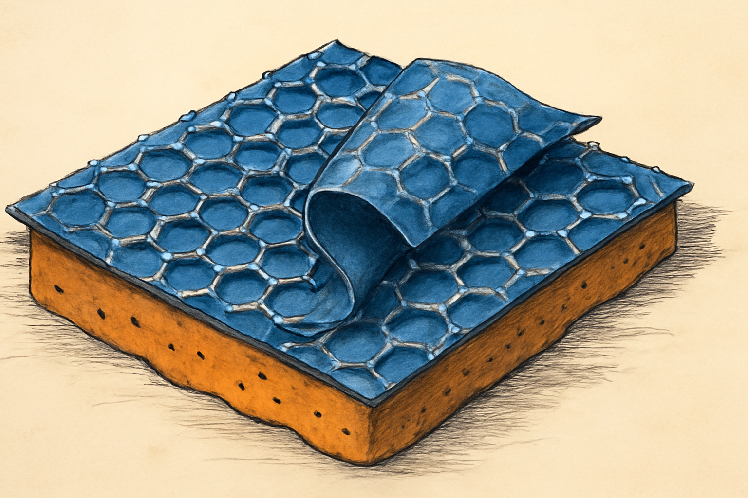 Close-up conceptual illustration of layered graphene sheets with folded regions between layers.