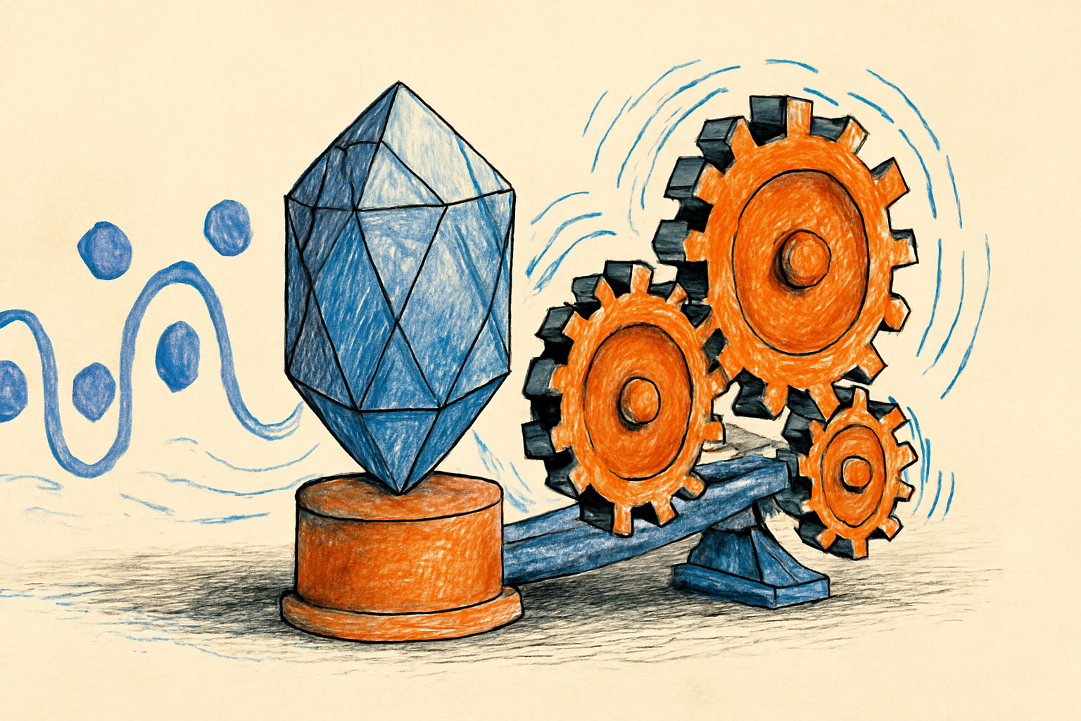 Illustration of interconnected mechanical units in a metamaterial array synchronizing into a shared wave-like motion.
