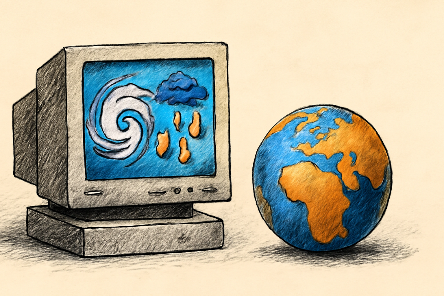 Illustration of a swirling storm over a gridded view of Earth, representing high-resolution climate simulation.