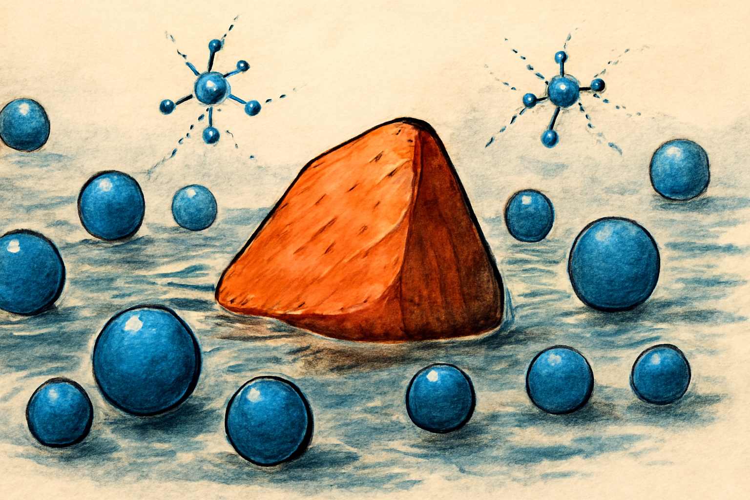 Illustration of irregular microplastic particles meeting water, with subtle molecular ripples around their surfaces.