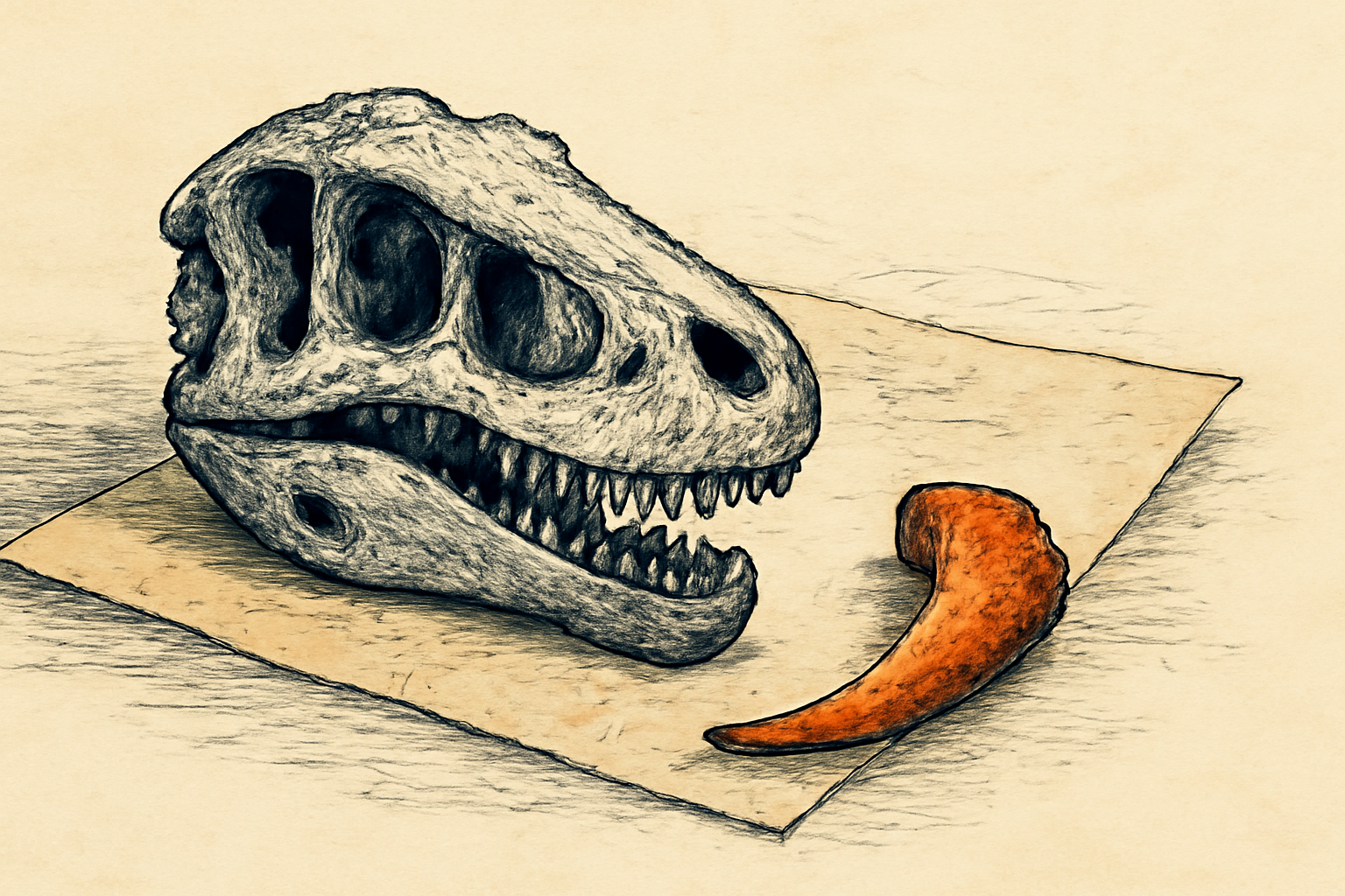 A fossil skull fragment on a museum workbench, being examined under soft light.