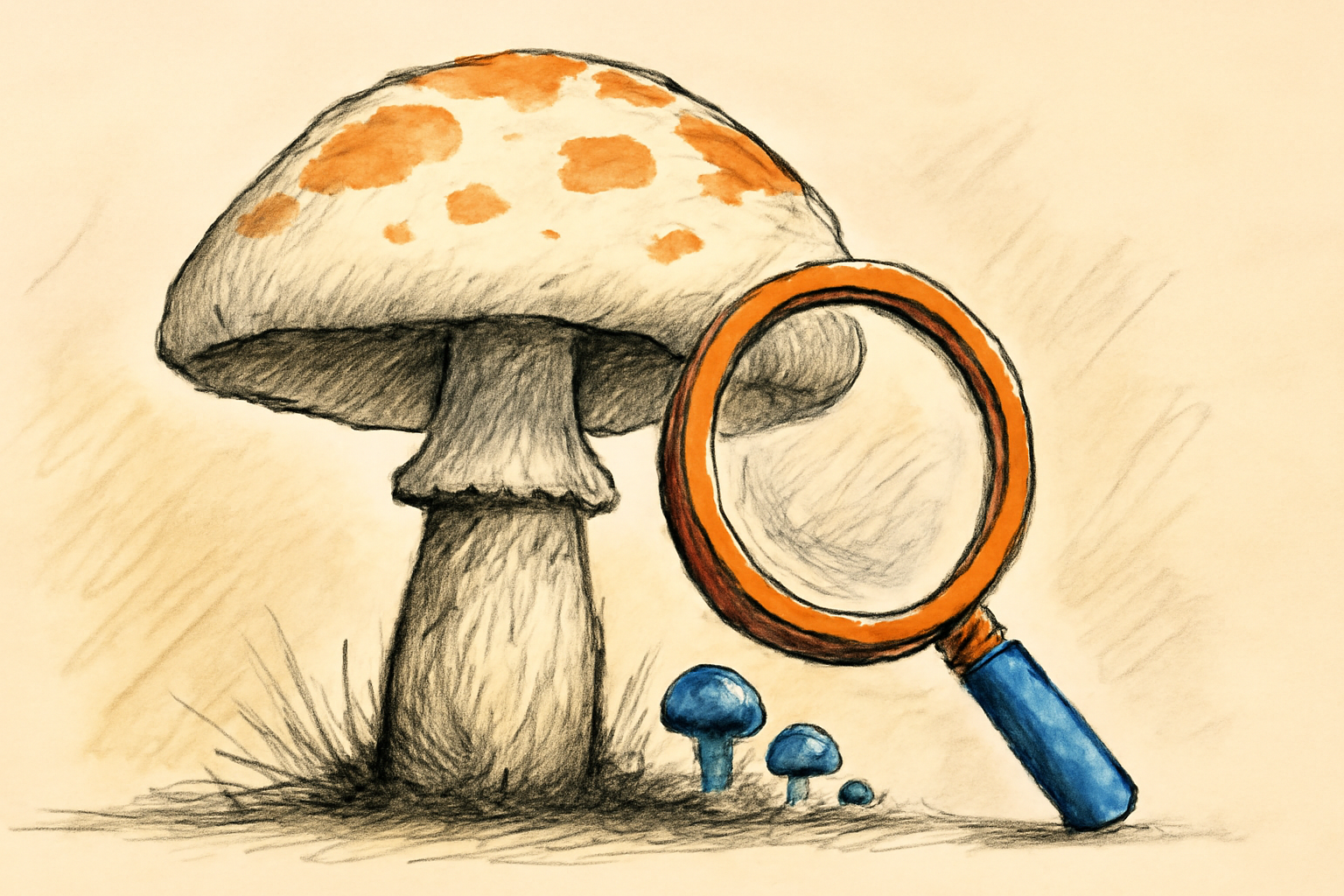 A tall, dark fungal fruiting structure rises from the forest floor among plants in a misty woodland.