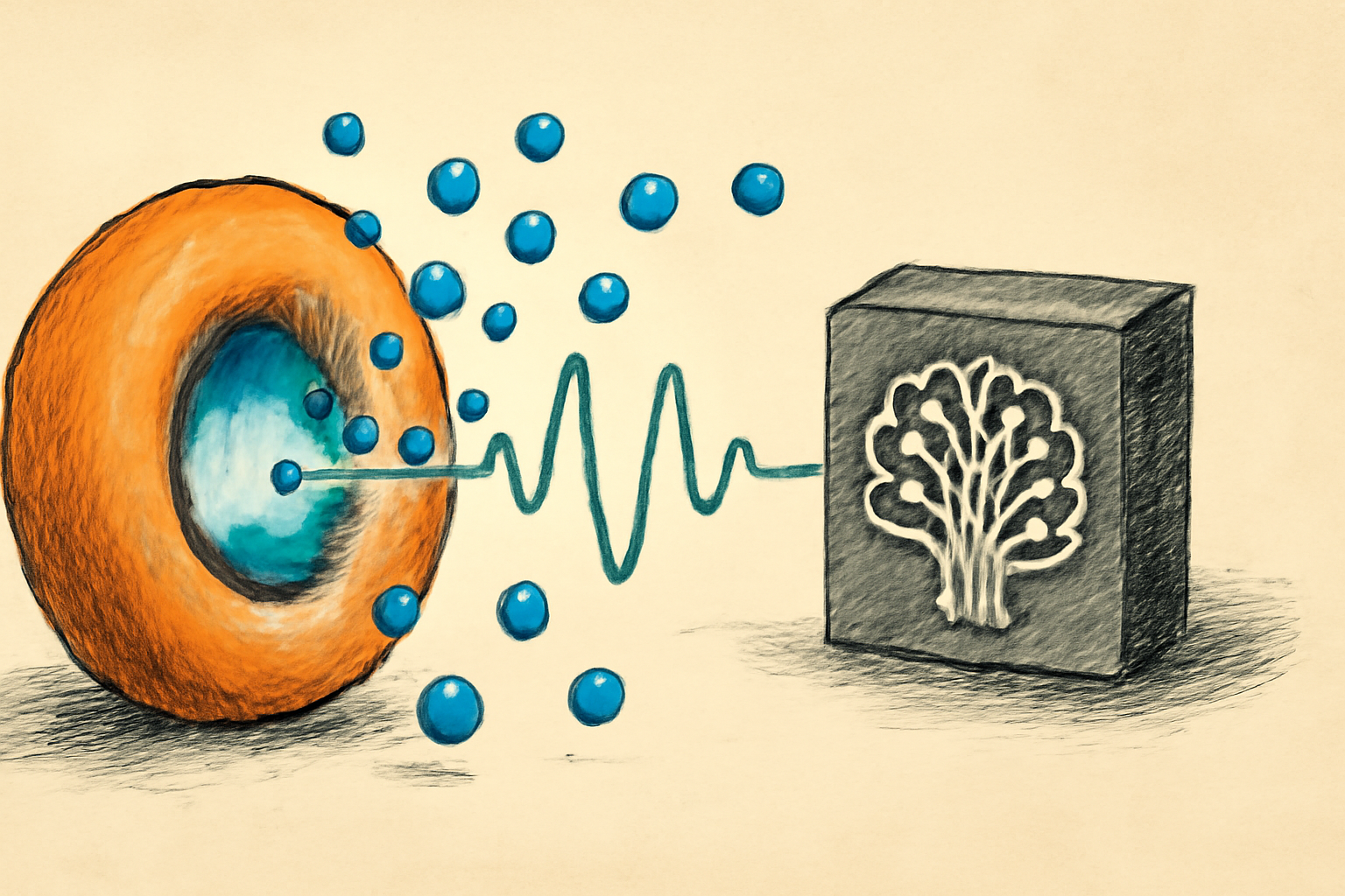 Illustration of a superconducting computing chip beside a tokamak vessel with a glowing plasma inside.
