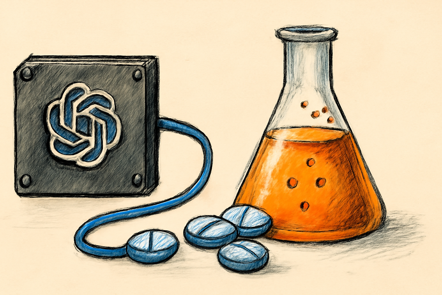 Illustration of a biotech team coordinating research tasks through a digital workflow with connected AI-agent nodes.