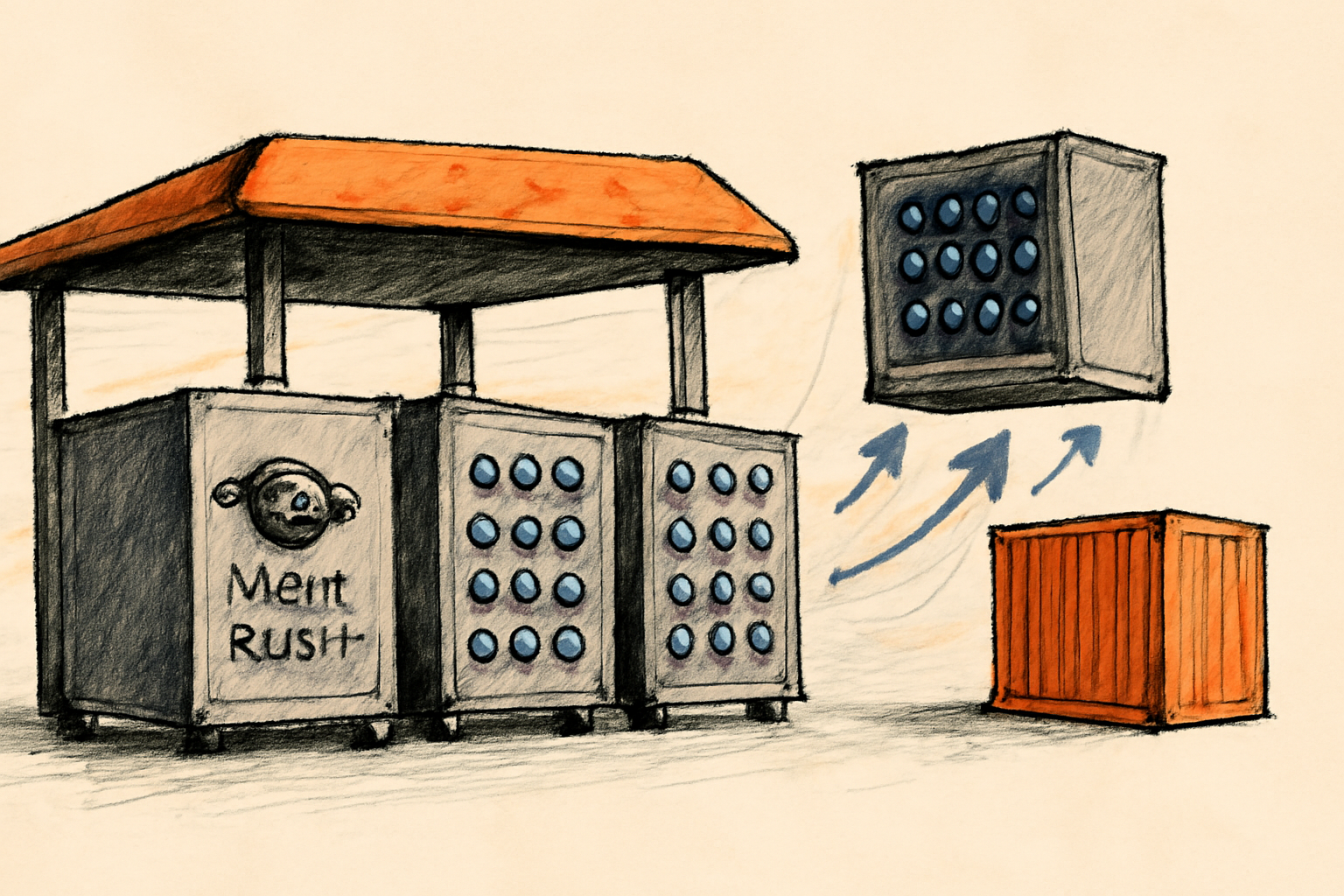 Modular data-center containers with server racks being connected to power and cooling infrastructure.