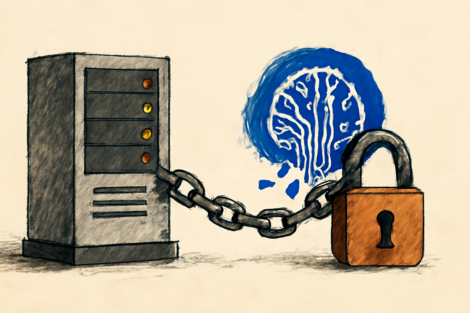 Editorial illustration of an AI agent inside a bounded digital environment, monitored by abstract server hardware.