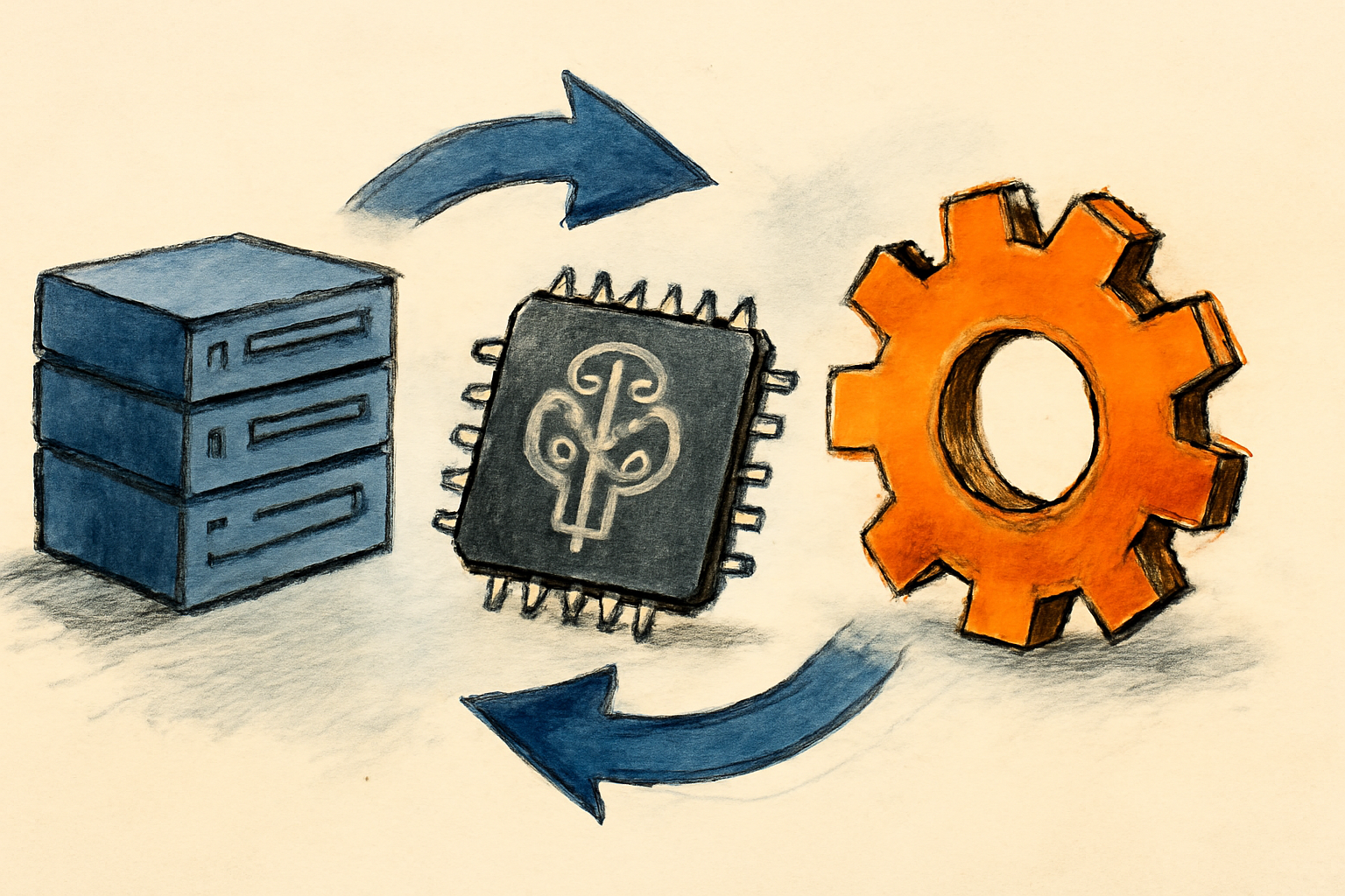 Editorial illustration of industrial equipment connected to a nearby server cabinet and control-room monitoring displays.
