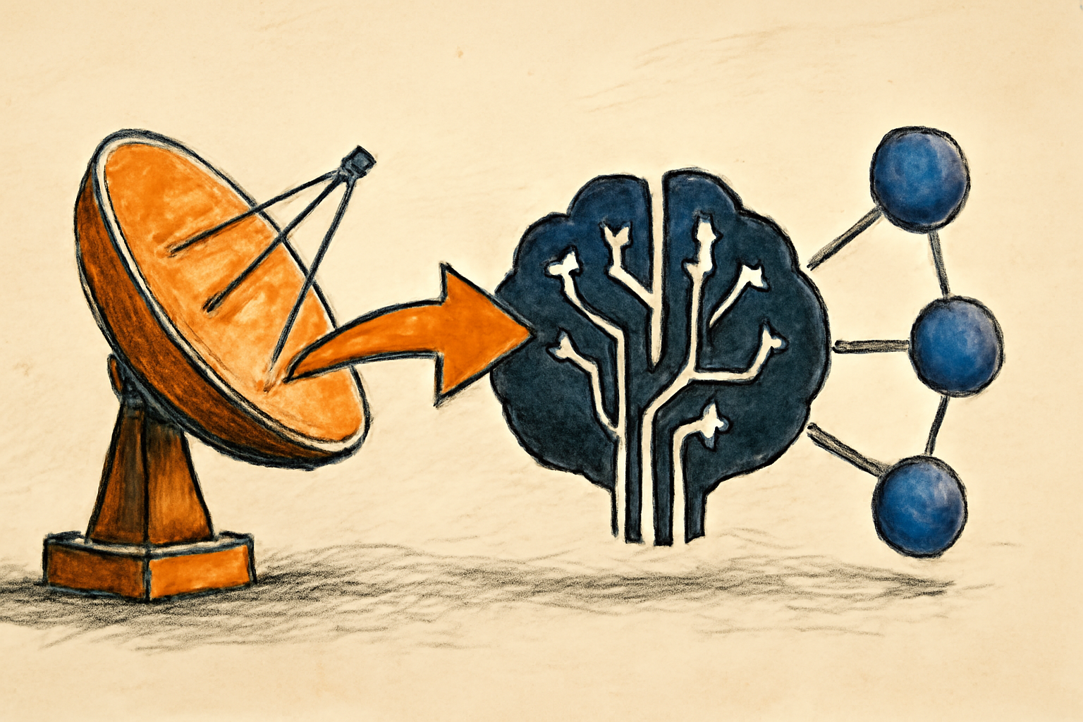 An editorial illustration of a business team connecting an AI assistant to workplace software tools.